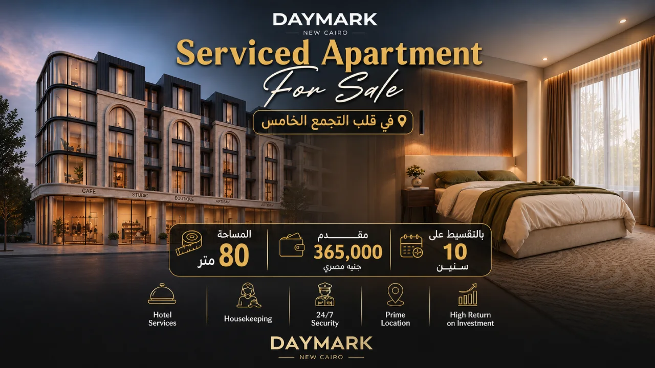 غرفة فندقية للبيع 80متر متشطبة بالكامل فى daymark التجمع الخامس