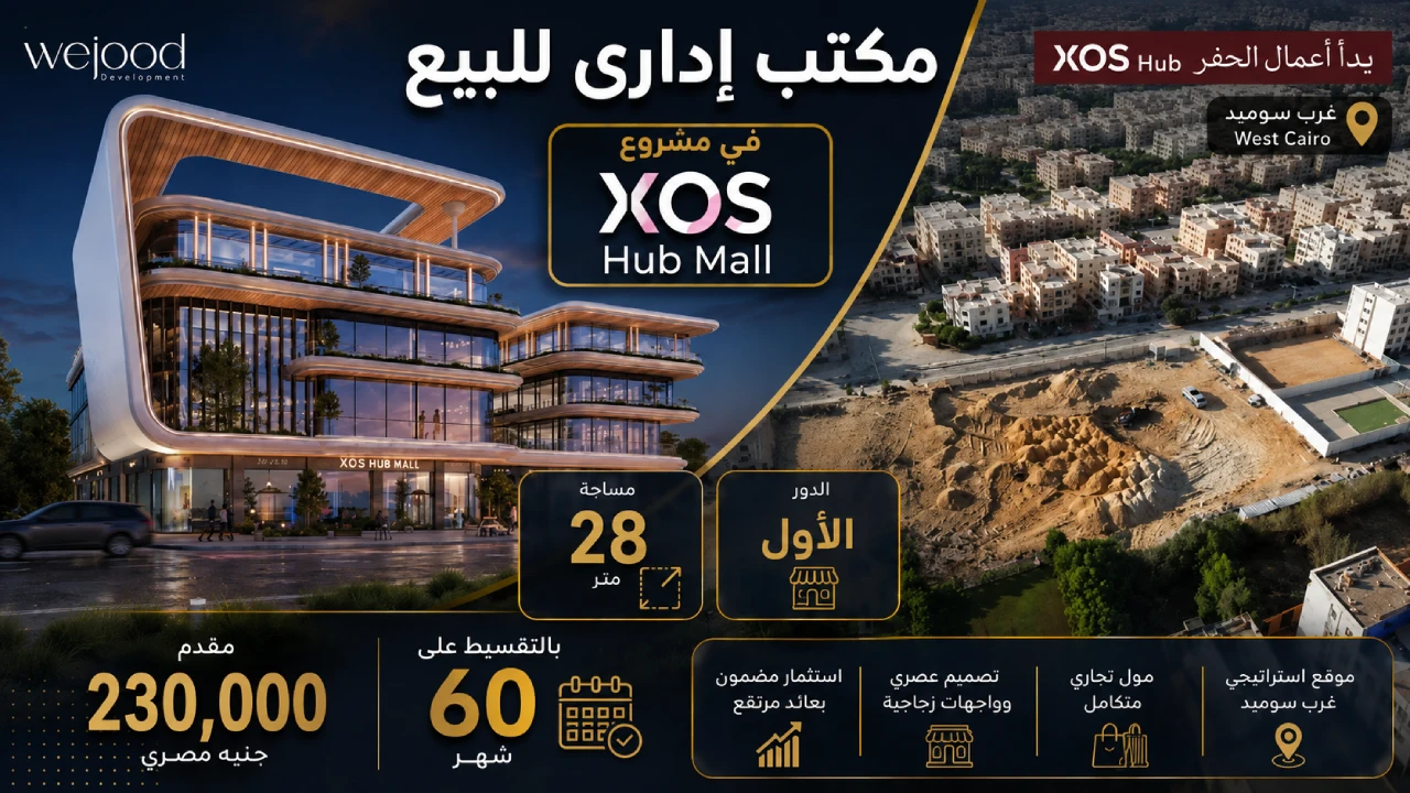 بمقدم 230 الف مكتب ادارى للبيع فى غرب سوميد اكتوبر مول xos hub mall october
