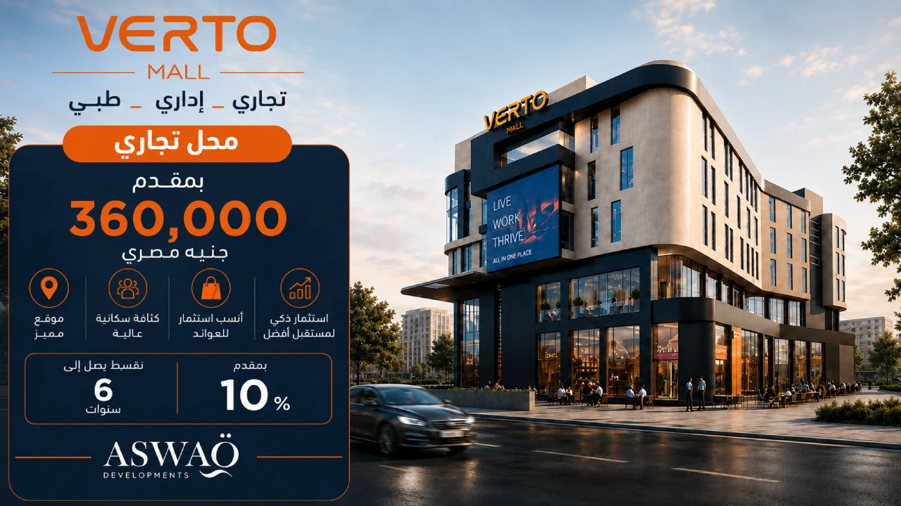 محل تجارى للبيع فى مدينة العبور بالتقسيط فى مشروع Verto شركة اسواق